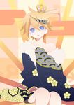  1boy blonde_hair blue_eyes blush crown egasumi floral_print fur gigantic_o.t.n_(vocaloid) gohan hanairi_kikkou hand_on_own_chest headphones honeycomb_pattern japanese_clothes kagamine_len male_focus multicolored_hair open_mouth seigaiha sitting solo traditional_clothes vocaloid 