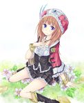  alt atelier_(series) atelier_rorona blue_eyes boots bracelet brown_hair cape corset flower hand_on_own_chest hat jewelry knee_boots long_hair necklace rororina_fryxell shirt sitting skirt smile solo 