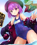  beret blue_eyes breasts cameltoe coat colonel_olcott_(fate/grand_order) detached_sleeves fate/grand_order fate_(series) hat helena_blavatsky_(fate/grand_order) looking_at_viewer off_shoulder old_school_swimsuit one-piece_swimsuit parted_lips purple_eyes purple_hair school_swimsuit sen_(astronomy) shiny shiny_clothes short_hair small_breasts solo swimsuit 