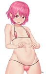  ass_visible_through_thighs bad_id bad_pixiv_id bikini blush bulge collarbone commentary_request covered_nipples heart heart_hands highres leona_west looking_at_viewer male_focus micro_bikini mole mole_under_eye navel otoko_no_ko pink_eyes pink_hair pretty_(series) pripara signature simple_background solo swimsuit white_background yoshiwa_tomo 