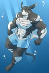  5_fingers abs anthro biceps big_biceps big_muscles black_scales blue_background blue_shorts bubble clothing colored cute detailed_background digital_drawing_(artwork) digital_media_(artwork) fist front_view full-length_portrait gills happyending humanoid_hands light long_tail male manly manta_ray marine muscular muscular_male no_iris noseless pecs pinup portrait pose quads scales scalie shaded shorts simple_background solo thick_neck toony triceps underwater water 