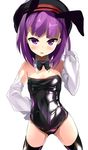  animal_ears bare_shoulders black_legwear blush bow bowtie bunny_ears bunny_girl bunnysuit commentary_request detached_collar detached_sleeves fake_animal_ears fate/grand_order fate_(series) flat_chest hand_on_hip hat helena_blavatsky_(fate/grand_order) highres leotard looking_at_viewer open_mouth purple_eyes purple_hair shimejinameko short_hair solo thighhighs white_sleeves 