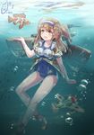  absurdres breasts bubble cannon clothes_writing clownfish full_body hairband highres i-26_(kantai_collection) kantai_collection large_breasts light_brown_eyes light_brown_hair long_hair m6a_seiran machinery name_tag old_school_swimsuit one-piece_swimsuit open_clothes open_mouth reflection sailor_collar school_swimsuit seaplane shirt short_sleeves smile solo swimsuit swimsuit_under_clothes turret two-tone_hairband two_side_up underwater yonago_miko 