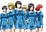  6+girls agent_aika aika_(series) ass black_hair black_neckwear blonde_hair blue_delmo blue_eyes blue_hair blue_jacket blue_skirt breasts brown_eyes closed_mouth commentary_request cravat delmogeny_uniform erect_nipples extra hair_ornament hairclip hand_on_hip highres jacket juliet_sleeves long_sleeves mamesi_(suhk8583) medium_breasts multiple_girls panties pantyshot pantyshot_(standing) pencil_skirt profile puffy_sleeves red_hair shiny shiny_skin short_hair simple_background skin_tight skirt smile standing taut_clothes translation_request underwear uniform white_background white_panties yellow_eyes 