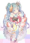  :p animal bare_shoulders blue_eyes blue_hair blue_legwear cake crown dog earrings food fruit full_body gin_(oyoyo) hatsune_miku high_heels jewelry long_hair simple_background sitting smile strawberry thighhighs tongue tongue_out twintails very_long_hair viva_happy_(vocaloid) vocaloid 