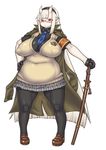  big_breasts blush breasts chikurako_kanoeki cleavage clothed clothing eyewear female glasses horn looking_at_viewer melee_weapon namu_gunsou oni overweight red_eyes solo sword thick_thighs weapon 