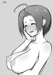  ahoge areolae bad_id bad_pixiv_id blush breast_hold breasts closed_eyes from_side grey_background greyscale hand_on_own_cheek idolmaster idolmaster_(classic) large_breasts miura_azusa monochrome nipples nude signature simple_background sketch solo sweatdrop upper_body yoshiwa_tomo 