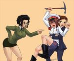  3girls bangs black_hair bloomers blue_eyes boots breasts brown_eyes brown_hair communism flick-the-thief full_body genderswap hammer_and_sickle hat holding ice_pick joseph_stalin leon_trotsky mc_axis military military_uniform multiple_girls necktie open_mouth peaked_cap pipe pointing red_eyes red_star russian short_hair short_skirt shouting simple_background skirt soviet striped suit vladimir_lenin 