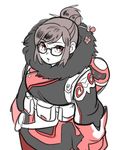  alternate_color bad_id bad_twitter_id bangs beads belt belt_pouch black-framed_eyewear brown_hair canister canteen coat cowboy_shot eyebrows eyebrows_visible_through_hair fur-trimmed_jacket fur_coat fur_trim glasses gloves hair_bun hair_ornament hair_stick jacket jocheong looking_at_viewer mei_(overwatch) open_mouth overwatch parka pouch red_eyes red_gloves short_hair sidelocks simple_background snowflake_hair_ornament solo swept_bangs utility_belt white_background winter_clothes winter_coat 