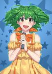  bad_id bad_pixiv_id blue_background bow brown_eyes commentary_request dress green_hair hair_ribbon looking_at_viewer macross macross_frontier microphone open_mouth orange_bow orange_ribbon ranka_lee ribbon signature smile solo star starry_background wrist_ribbon yellow_dress yoshiwa_tomo 