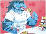  2016 2_heads abs anthro beverage big_biceps blue_claws blue_markings blue_scales border brothers burger claws clothing colored cute dex_&amp;_sin digital_drawing_(artwork) digital_media_(artwork) dot_eyes dragon duo eating fast_food fin food fries gaping_mouth happy happyending huge_muscles hydra light marine markings multi_head multicolored_scales muscular pecs pink_tongue red_background scales scalie shaded shirt sibling simple_background smile straw t-shirt tongue toony trash triceps two_tone_scales white_clothing 