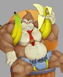  abs anthro ape banana barrel belly belt biceps big_biceps big_muscles brown_eyes brown_fur bulge clenched_teeth clothing donkey_kong_(series) food front_view fruit fur hi_res holding_object looking_at_viewer male mammal manly musclegut muscular muscular_male necktie nintendo pants pecs pose primate relaxing simple_background sitting spread_legs spreading sweat teeth thedragonred12 video_games 