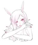  animal_ears bangs bare_shoulders breasts bunny_ears cleavage d.va_(overwatch) eyelashes facepaint facial_mark fingernails giji-p large_breasts long_fingernails long_hair nail_polish overwatch pink_eyes pink_nails simple_background slit_pupils solo spot_color whisker_markings white_background 