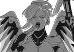  bad_id bad_twitter_id bodysuit breastplate greyscale gun handgun headgear holding holding_gun holding_weapon licking licking_weapon lips long_hair looking_at_viewer mechanical_halo mechanical_wings mercy_(overwatch) monochrome open_mouth overwatch ponytail simple_background solo staff teeth tongue tongue_out turtleneck upper_body weapon white_background wings 