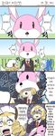  4koma :d alternate_costume animal_costume blonde_hair blue_hair bow bunny_costume bunny_head check_translation cirno comic crescent crescent_moon_pin dot_pupils drill_hair fairy_wings fuente green_eyes hair_between_eyes hair_bow hat highres korean luna_child mascot_costume mascot_head mizuhashi_parsee multiple_girls necktie open_mouth pointy_ears shaded_face smile touhou translated translation_request v-shaped_eyebrows waraningyou wings 