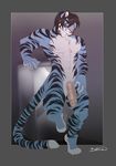  2015 abs anthro armpits athletic black_fur black_hair blue_eyes blue_fur boait border digital_media_(artwork) feline flaccid front_view full-length_portrait fur hair humanoid_penis leaning leaning_back lex_kempo looking_at_viewer male mammal multicolored_fur navel nude outside_border penis pink_nose pink_penis portrait signature solo striped_fur stripes tiger white_fur 