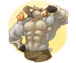  2015 5_fingers abs anthro anthrofied biceps big_biceps brown_clothing brown_nose brown_pants clothed clothing colored digital_drawing_(artwork) digital_media_(artwork) fist flexing frown gloves happyending huge_muscles legendary_pok&eacute;mon light looking_at_viewer male manly muscular muscular_male navel nintendo pants pecs pinup pok&eacute;mon pok&eacute;morph pose serratus shaded simple_background small_tail solo terrakion thick_neck topless vein video_games white_background yellow_eyes 