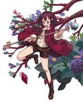  ahoge anger_vein belt boots brown_hair coat gem hair_ornament highres jehyun open_mouth original purple_eyes shorts solo staff sweatdrop tree witch 