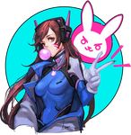  animal_print bangs bodysuit breasts breasts_apart brown_eyes brown_hair bubble_blowing bunny_print chewing_gum covered_navel d.va_(overwatch) eyelashes facepaint facial_mark gloves jacket long_hair long_sleeves looking_at_viewer lsr medium_breasts overwatch pauldrons ribbed_bodysuit shoulder_pads signature skin_tight solo transparent_background turtleneck upper_body very_long_hair w whisker_markings white_gloves 