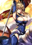  armpits arms_up artoria_pendragon_(all) artoria_pendragon_(lancer) blonde_hair breasts cape cleavage crown dun_stallion fate/grand_order fate_(series) flagpole green_eyes highres horse karlwolf large_breasts solo thighhighs zettai_ryouiki 
