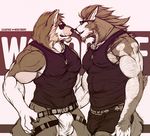  2015 abs anthro biceps boxers_(clothing) bulge canine claws clothed clothing digital_media_(artwork) duo ears_back eskimo_kiss eyewear jockstrap male mammal monochrome muscular muscular_male pecs pendant romantic_couple shirt sunglasses tank_top underwear were werethrope werewolf wolf 