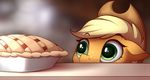  applejack_(mlp) blonde_hair detailed_background equine evehly eyelashes female feral food freckles friendship_is_magic green_eyes hair hat mammal my_little_pony pie solo 
