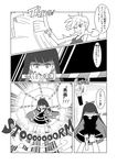  anison bangs blunt_bangs bracelet comic dress greyscale gun highres jewelry long_hair monochrome mouth_hold multiple_girls one_eye_closed panty_&amp;_stocking_with_garterbelt panty_(psg) stocking_(psg) sword translation_request weapon 