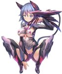  black_legwear blue_eyes blue_hair bodysuit boots breasts claw_(weapon) closed_mouth expressionless full_body headgear highres homura_yuni large_breasts looking_at_viewer short_hair simple_background solo squatting taimanin_(series) taimanin_asagi taimanin_asagi_kessen_arena thigh_boots thighhighs underboob weapon white_background 