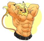  2016 abs armpits belt black_markings blonde_hair blush clothed clothing colored digimon digital_drawing_(artwork) digital_media_(artwork) eyes_closed front_view fur hair hands_behind_head happyending leomon long_tail male manly markings multicolored_fur muscular muscular_male navel nipples orange_fur orange_nipples pants pecs pinup pose serratus shaded simple_background solo striped_body toony topless two_tone_fur white_background 