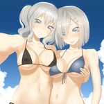  arm_around_back asymmetrical_docking bad_id bad_pixiv_id bikini black_bikini blue_bikini_top blue_eyes blush breast_press breasts cleavage cloud collarbone day embarrassed eyebrows eyebrows_visible_through_hair front-tie_top grey_hair grin hair_over_one_eye hamakaze_(kantai_collection) head_tilt highres kantai_collection kashima_(kantai_collection) looking_at_viewer medium_breasts multiple_girls navel nose_blush open_mouth outdoors outstretched_arm reaching_out self_shot sky smile swimsuit throtem twintails 