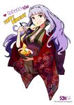  absurdres artist_name breasts character_name chopsticks cleavage dated eating food food_on_face hairband happy_birthday highres idolmaster idolmaster_(classic) japanese_clothes jehyun kimono long_hair looking_at_viewer medium_breasts noodles obi purple_eyes ramen sash shijou_takane silver_hair solo watermark wavy_hair web_address wide_sleeves 
