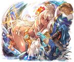  ahoge armor bare_arms bare_legs bikini blank_eyes dark_skin dragon flower from_side granblue_fantasy hair_flower hair_ornament haku_(sabosoda) hibiscus lips long_hair looking_at_viewer lying midriff money mouth_hold on_stomach red_eyes sketch smile swimsuit white_bikini white_hair zooey_(granblue_fantasy) 