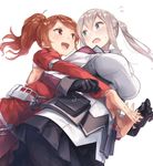  aquila_(kantai_collection) armpits black_gloves black_legwear blonde_hair blush breasts brown_eyes brown_hair capelet celtic_knot gloves graf_zeppelin_(kantai_collection) hair_between_eyes high_ponytail hug hug_from_behind ichikei kantai_collection large_breasts long_hair miniskirt multiple_girls open_mouth pantyhose sidelocks simple_background skirt smile twintails white_background 