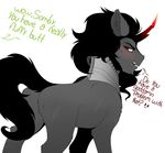  black_hair butt english_text equine evehly feral fluffy friendship_is_magic fur grey_fur hair hi_res horn king_sombra_(mlp) male mammal my_little_pony nude red_eyes simple_background solo standing teeth text unicorn white_background 