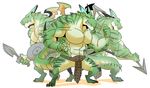  2016 3_toes 5_fingers abs anthro belt biceps big_biceps black_claws bravely_default bravely_second claws clenched_teeth clothed clothing colored digital_drawing_(artwork) digital_media_(artwork) dragon empty_eyes fighting_stance front_view frown green_claws green_markings green_scales group happyending holding_object holding_weapon huge_muscles lance loincloth long_tail male markings melee_weapon metal multicolored_scales muscular muscular_male pecs polearm pose red_eyes scales scalie serratus shaded sharp_teeth shield simple_background snout striped_body stripes sword teeth thick_tail toes toony topless two_tone_scales warrior weapon white_background wings yellow_scales 