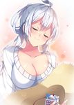 ahoge breasts casual cleavage collarbone hat hat_removed headwear_removed large_breasts long_hair looking_at_viewer matoi_(pso2) milkpanda phantasy_star phantasy_star_online_2 smile solo stamp-sheet straw_hat sweater translation_request white_hair 