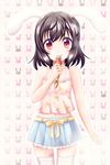  :q animal_ears animal_print bare_arms black_hair bunny_background bunny_ears bunny_print carrot_necklace contemporary cowboy_shot crop_top food highres ice_cream ice_cream_cone inaba_tewi midriff miniskirt navel patterned_background pink_background pleated_skirt red_eyes reimei_(r758120518) short_hair skirt smile solo thighhighs tongue tongue_out touhou white_legwear zettai_ryouiki 