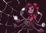  absurdres blush_stickers bow brown_hair cup dress extra_eyes fangs highres insect_girl jehyun muffet puffy_short_sleeves puffy_sleeves purple_skin short_sleeves short_twintails silk smile solo spider_girl spider_web teacup teapot twintails two_side_up undertale 