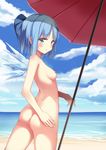  :o absurdres anhao ass back bangs beach beach_umbrella blue_bow blue_eyes blue_hair blue_sky blunt_bangs blush bow breasts cirno cloud collarbone commentary cowboy_shot day eyebrows eyebrows_visible_through_hair fingernails from_behind hair_bow hand_on_ass hands_on_hips highres ice ice_wings legs_apart long_fingernails looking_at_viewer looking_back nipples nude ocean open_mouth outdoors short_hair sky small_breasts solo touhou umbrella water waves wings 