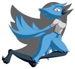  2019 avian beak big_breasts bird blue_feathers bottomless breasts clothed clothing digital_media_(artwork) feathers female logo looking_at_viewer shirt side_view trialtrex21 tweetfur twitter wings 