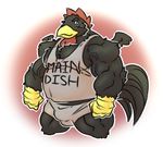  2015 4_fingers anthro avian beak biceps bird black_eyebrows black_feathers briefs bulge chest_tuft chicken clothing digital_drawing_(artwork) digital_media_(artwork) feathers fist grey_clothing happyending head_tuft male musclegut muscular muscular_male no_iris pecs pinup portrait pose quads red_background scar shirt simple_background slightly_chubby solo tail_feathers three-quarter_portrait triceps tuft underwear vein white_background wings yellow_beak 