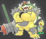  2015 3_toes arm_pads armor biceps big_biceps blush bowser bracelet claws clothing collar colored crossed_arms digital_drawing_(artwork) digital_media_(artwork) duo footwear front_view gaping_mouth green_scales grey_background hair hammer happyending huge_muscles jewelry knee_pads koopa larger_anthro larger_male light male manly mario_bros melee_weapon metal multicolored_scales muscular nintendo no_iris open_mouth open_smile red_eyebrows red_hair red_tongue scales scalie shaded sharp_teeth shell shiny shiny_body shoes simple_background size_difference small_tail smaller_anthro smaller_male smile snout spiked_bracelet spiked_collar spikes standing teeth toes tools toony unconvincing_armor video_games weapon white_claws yellow_scales 