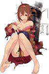  ass bare_shoulders barefoot black_ribbon blush breasts brown_eyes brown_hair full_body hairband japanese_clothes kantai_collection kimono kujou_ichiso large_breasts machinery obi off_shoulder official_art one_eye_closed open_mouth red_hairband ribbon round_teeth sash shiratsuyu_(kantai_collection) short_hair solo teeth torn_clothes transparent_background two_side_up wide_sleeves yukata 