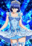  blue_dress blue_hair blue_ribbon breasts collarbone diadem dress eyepatch gloves green_eyes ikkitousen looking_at_viewer medium_breasts mole mole_under_mouth ribbon ryomou_shimei short_hair skirt_hold smile solo thighhighs white_gloves 