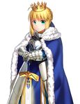  ahoge armor armored_dress artoria_pendragon_(all) bad_id bad_pixiv_id blonde_hair blue_cape blue_ribbon braid cape closed_mouth commentary_request crown excalibur fate/stay_night fate_(series) fur_trim gauntlets green_eyes hair_ribbon highres ichiren_namiro looking_at_viewer ribbon saber short_hair solo unsheathed white_background 