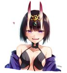  :d artist_name bad_id bad_pixiv_id bare_shoulders black_hair blush breasts collarbone commentary_request fangs fate/grand_order fate_(series) hair_ornament heart highres horns ichiren_namiro japanese_clothes kimono looking_at_viewer oni oni_horns open_mouth purple_eyes revealing_clothes short_hair shuten_douji_(fate/grand_order) signature small_breasts smile solo upper_body white_background 