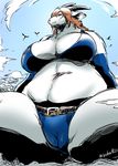  2016 anthro belly belt big_breasts breasts brown_hair caprine clothed clothing female fur goat hair horn huge_breasts japanese jyoka long_ears long_hair mammal slightly_chubby solo 