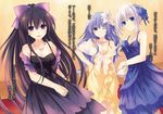  bag bare_shoulders blue_eyes blue_hair blush breasts cleavage date_a_live dress earrings flower hair_flower hair_ornament hand_on_hip handbag highres izayoi_miku jewelry large_breasts looking_at_viewer multiple_girls necklace one_eye_closed purple_eyes purple_hair silver_hair smile tobiichi_origami tsunako yatogami_tooka 