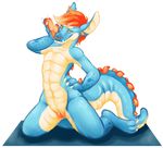  2016 blue_scales cuntboy dragon ear_piercing hair intersex kneeling nude orange_hair piercing purra pussy scales solo 