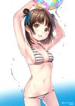  armpits arms_up ball bangs bare_arms beachball bikini blue_ribbon blush breasts brown_eyes brown_hair cowboy_shot double_bun gradient gradient_background hair_ribbon hands_above_head hanekoto highres holding holding_ball looking_at_viewer navel open_mouth original ribbon small_breasts solo stomach striped striped_bikini swimsuit twitter_username water_drop wet 
